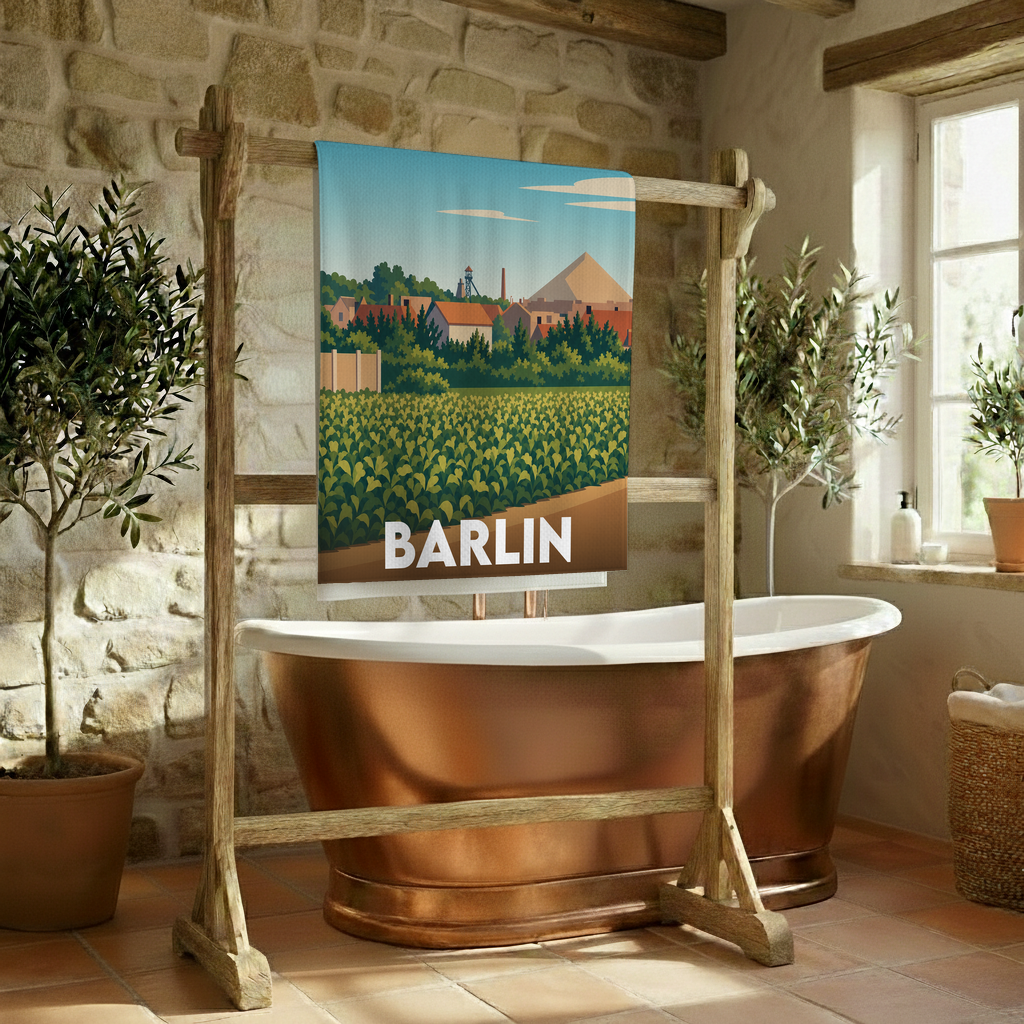 Serviette de bain souvenir de la ville de Barlin avec une illustration stylisée.
