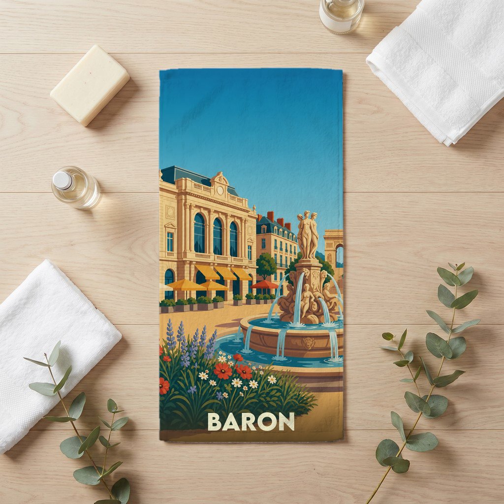 Serviette de bain souvenir de la ville de Baron avec une illustration stylisée d'une fontaine et d'un bâtiment classique.