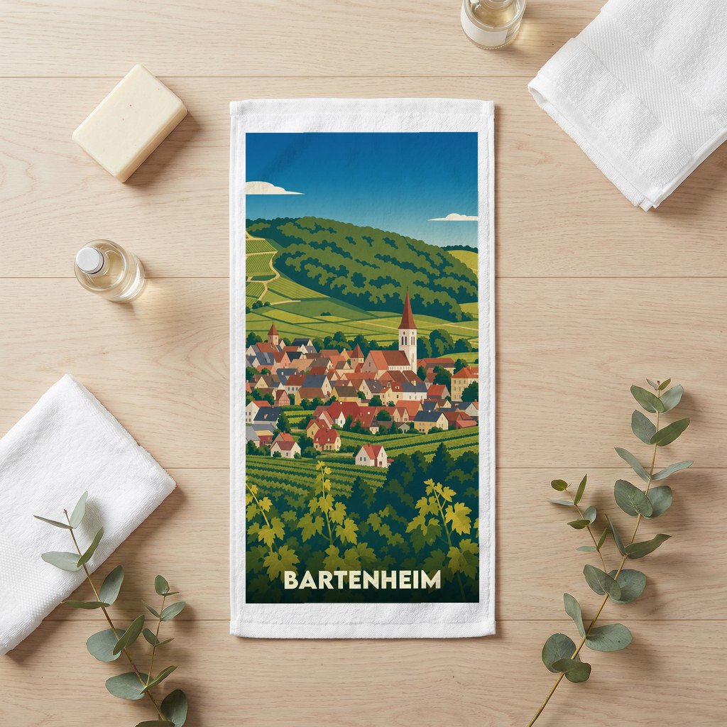 Serviette de bain souvenir de la ville de Bartenheim avec une illustration stylisée de paysages et de vignobles.