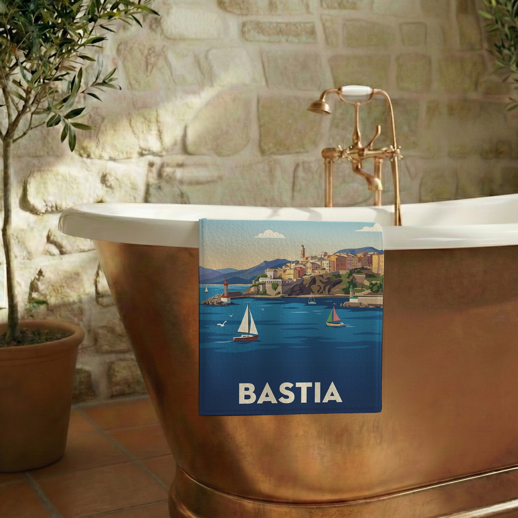 Serviette de bain souvenir de la ville de Bastia avec une illustration stylisée.