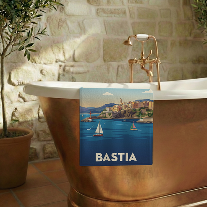 Serviette de bain souvenir de la ville de Bastia avec une illustration stylisée.