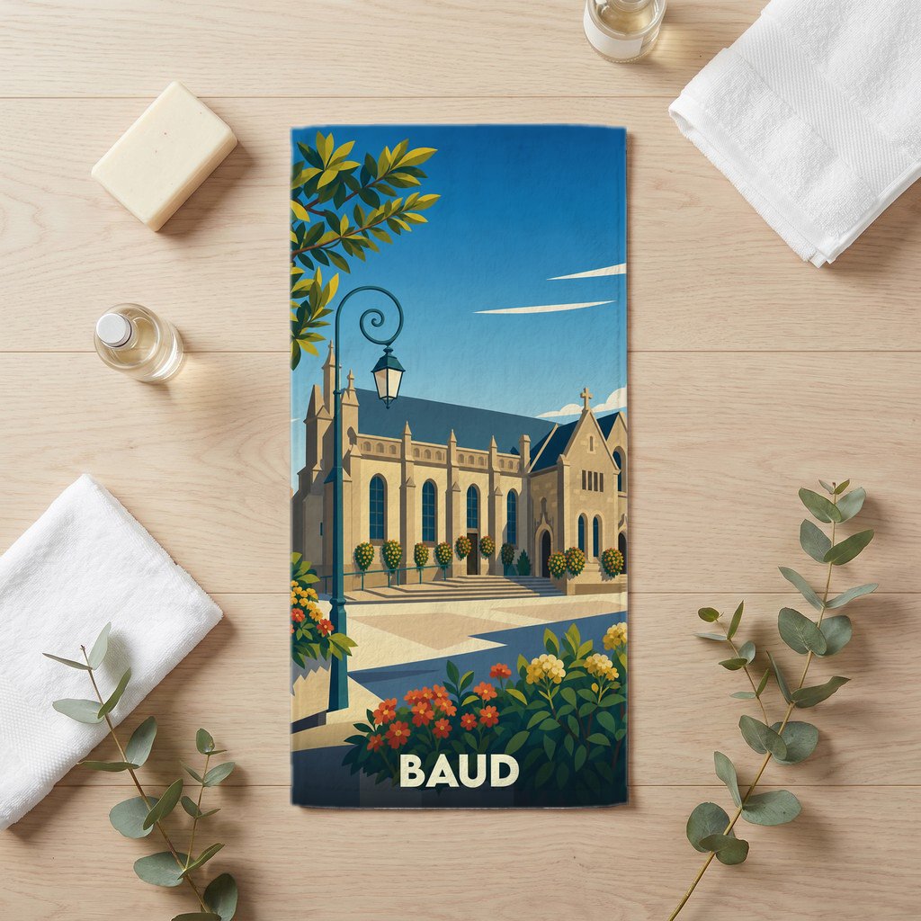 Serviette de bain souvenir de la ville de Baud avec une illustration stylisée de son église.