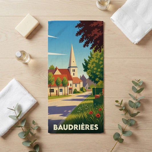 Serviette de bain souvenir de la ville de Baudrières ornée d'une illustration stylisée de son clocher et de ses maisons.