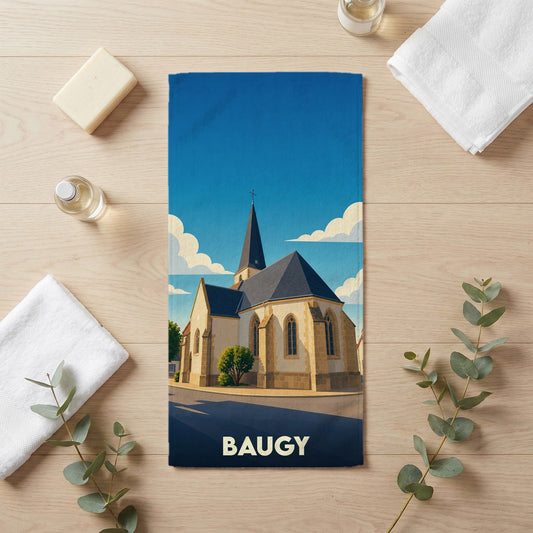 Serviette de bain souvenir de la ville de Baugy avec une illustration stylisée d'une église.