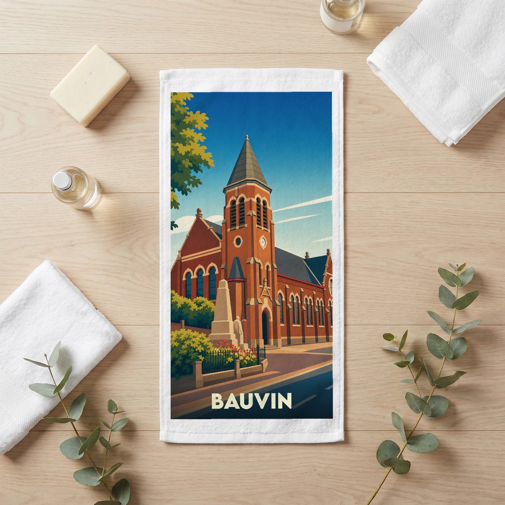 Serviette de bain souvenir de la ville de Bauvin avec une illustration stylisée de son église.