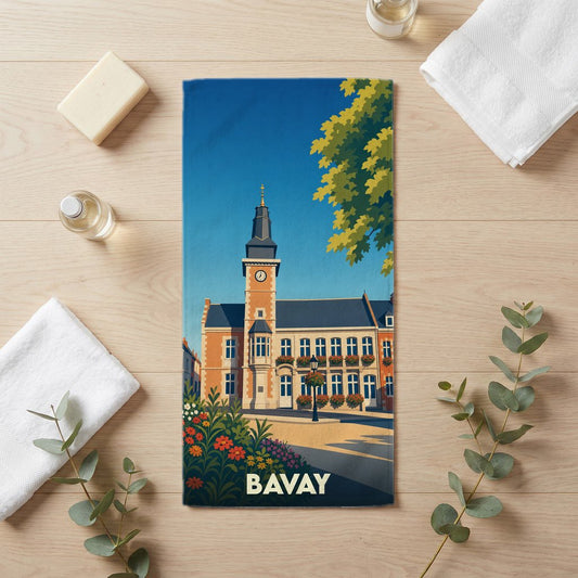 Serviette de bain souvenir de la ville de Bavay avec une illustration stylisée.