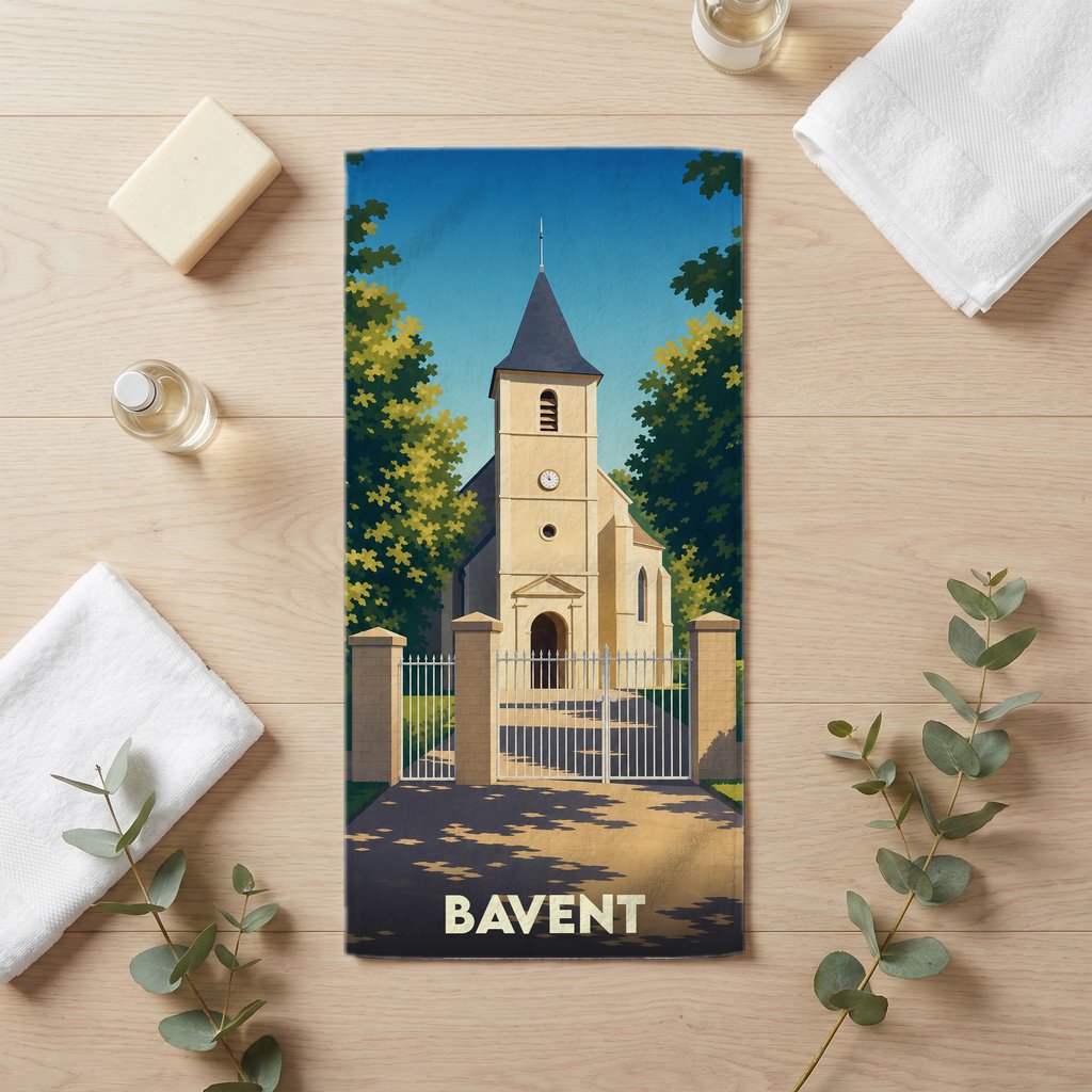 Serviette de bain souvenir de la ville de Bavent avec une illustration stylisée de son église.