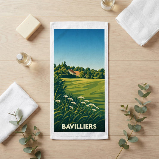 Serviette de bain souvenir de la ville de Bavilliers avec une illustration de paysage champêtre.