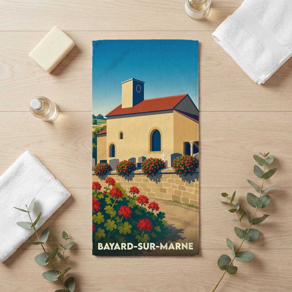 Serviette de bain souvenir de la ville de Bayard-sur-Marne avec une illustration stylisée de son église fleurie.