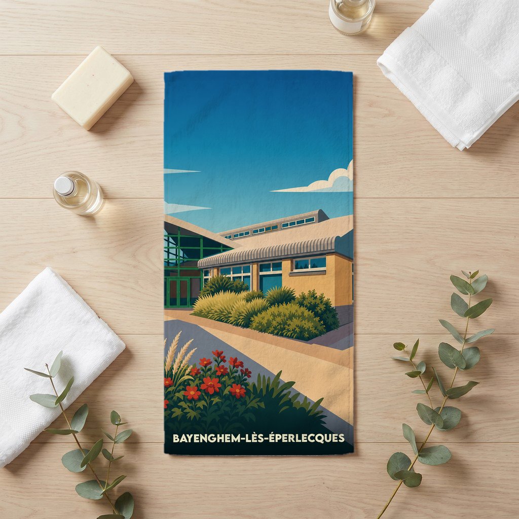 Serviette de bain souvenir de la ville de Bayenghem-lès-Éperlecques avec une illustration stylisée.