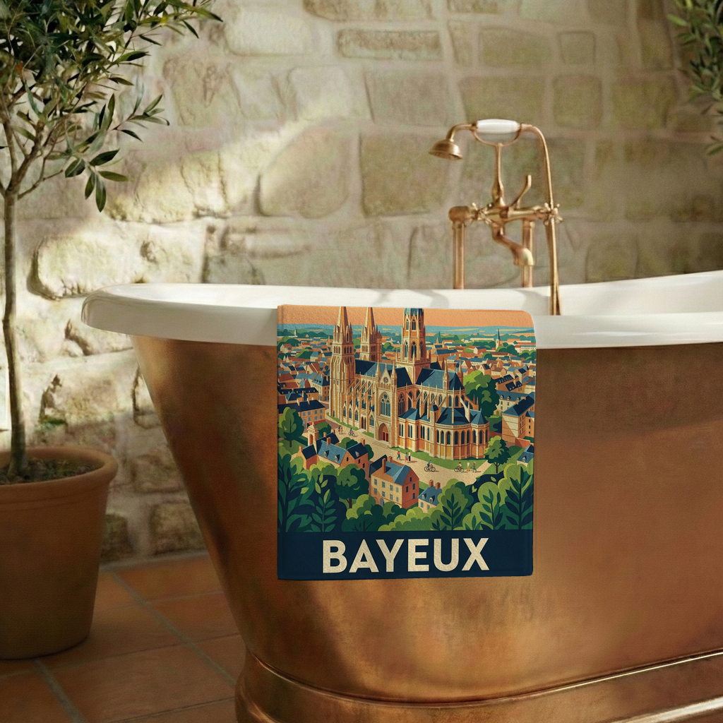 Serviette de bain souvenir de la ville de Bayeux avec une illustration stylisée.