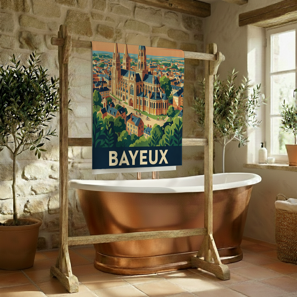 Serviette de bain souvenir de la ville de Bayeux avec une illustration stylisée.