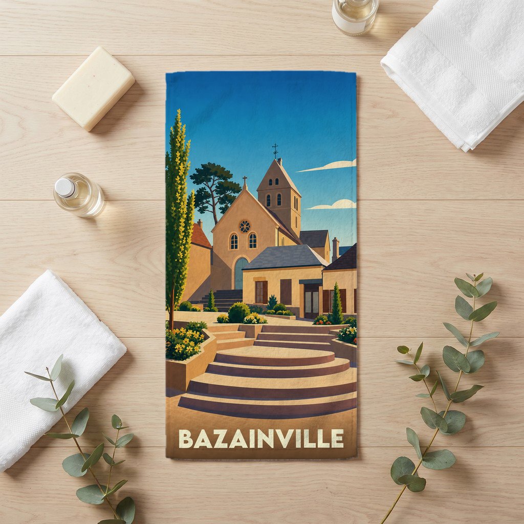 Serviette de bain souvenir de la ville de Bazainville avec une illustration stylisée.