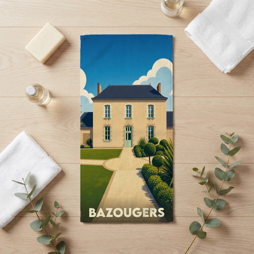 Serviette de bain souvenir de la ville de Bazougers avec une illustration stylisée d'une demeure bourgeoise.