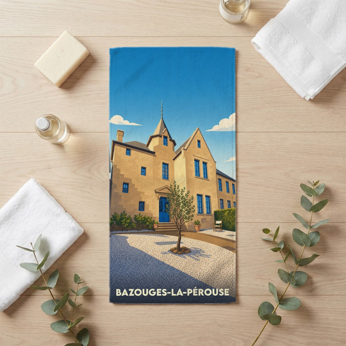 Serviette de bain 30 cm x 60 cm souvenir de Bazouges-la-Pérouse