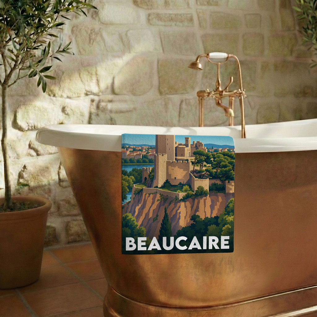 Serviette de bain souvenir de la ville de Beaucaire avec une illustration stylisée.