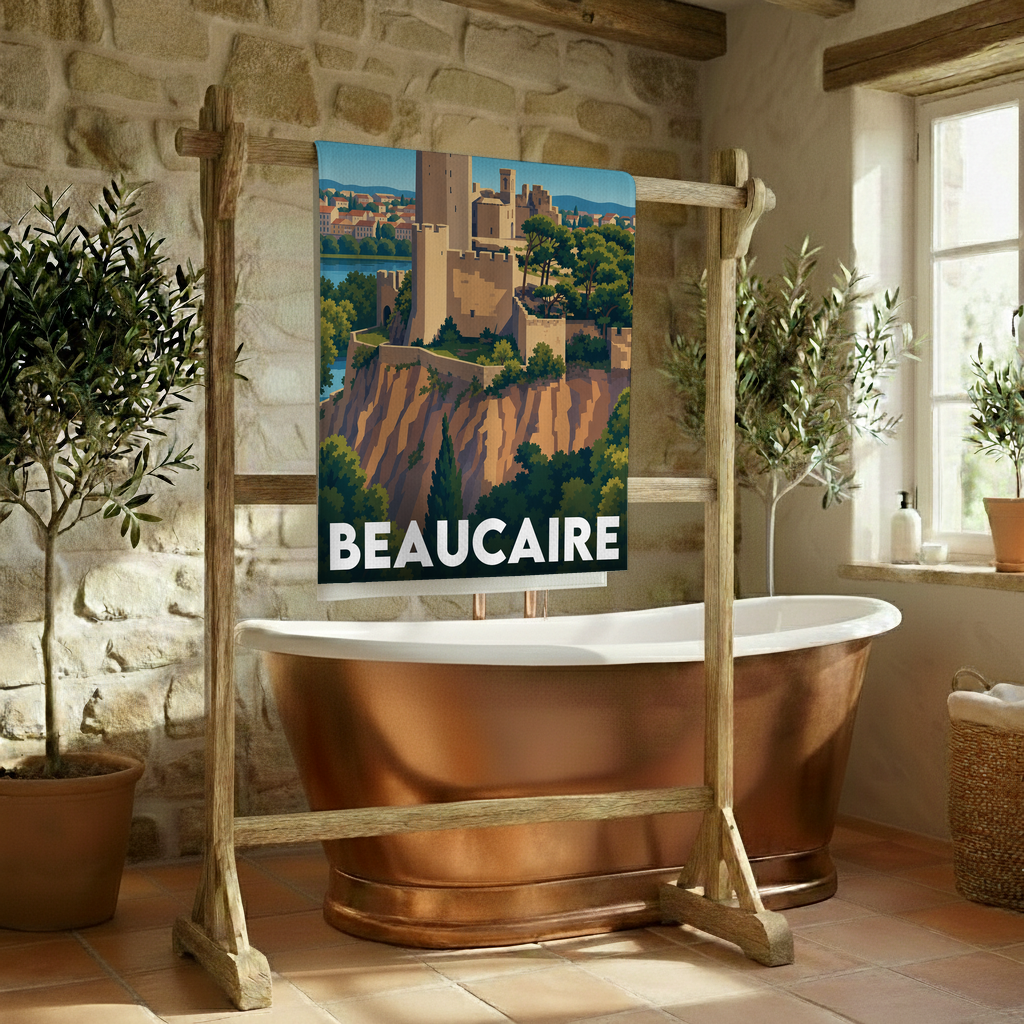 Serviette de bain souvenir de la ville de Beaucaire avec une illustration stylisée.