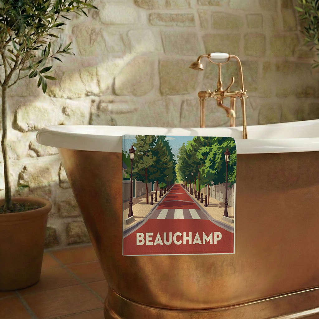 Serviette de bain souvenir de la ville de Beauchamp avec une illustration stylisée.