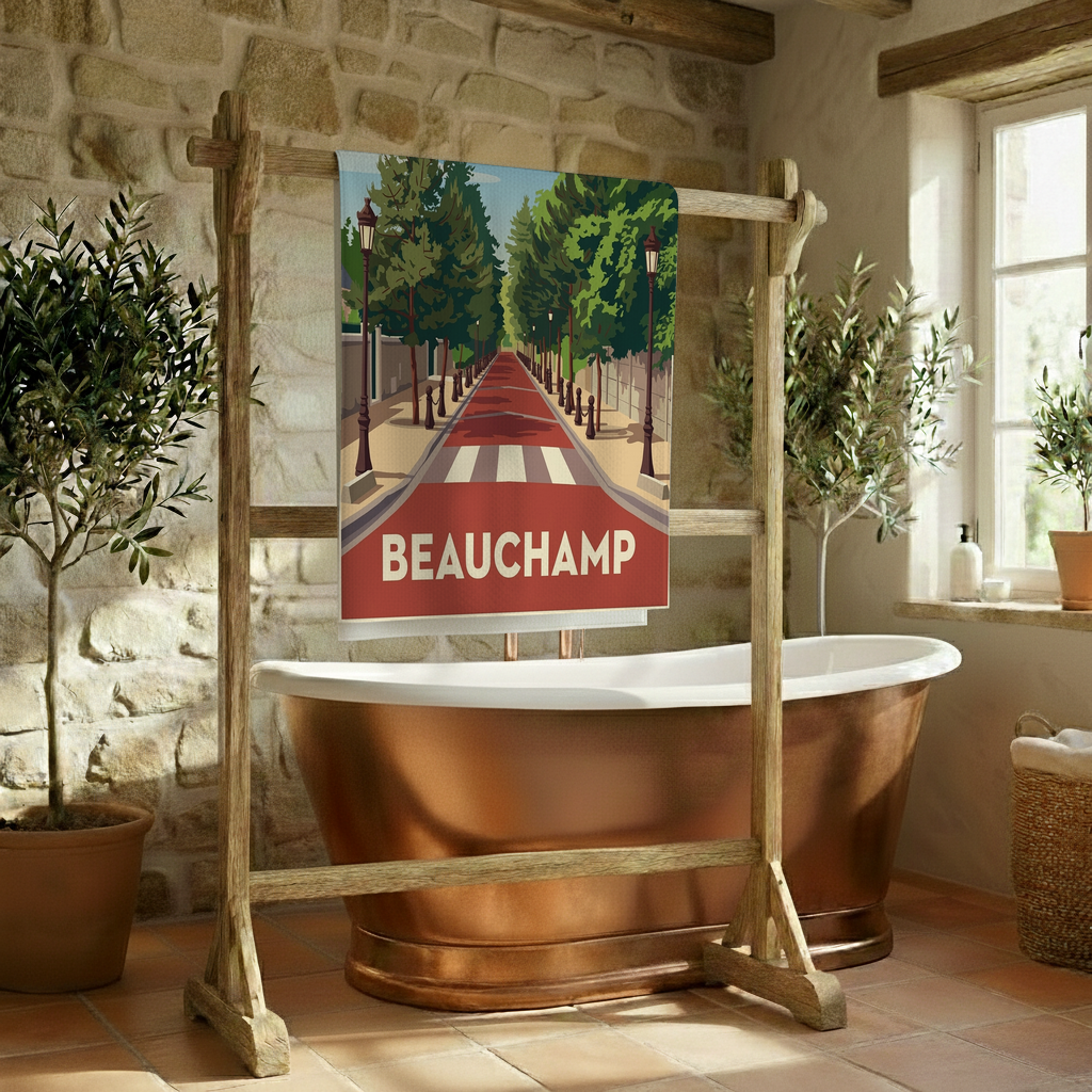 Serviette de bain souvenir de la ville de Beauchamp avec une illustration stylisée d'une rue bordée d'arbres.
