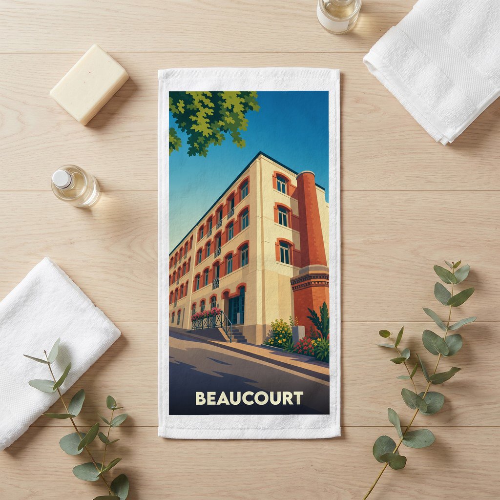 Serviette de bain souvenir de la ville de Beaucourt avec une illustration stylisée d'un bâtiment historique.
