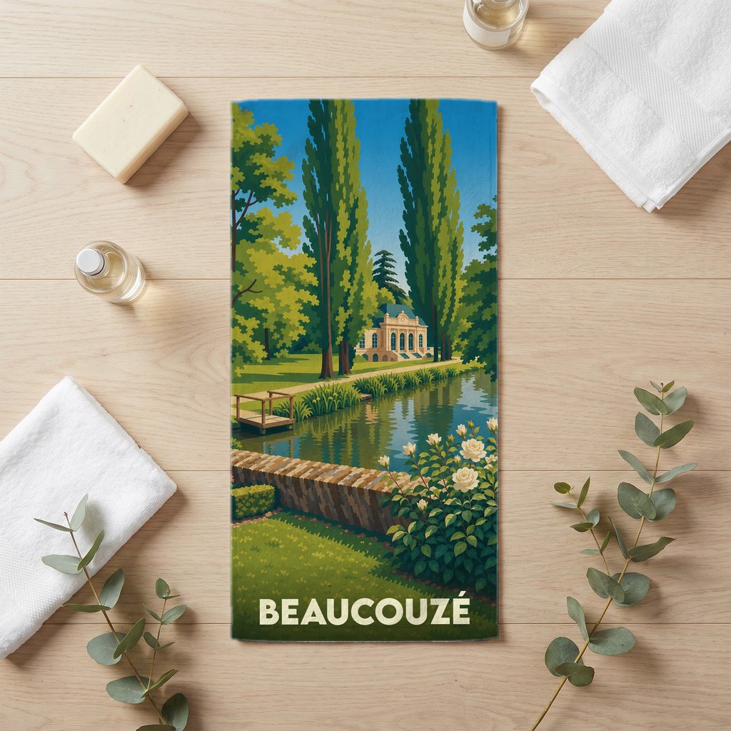 Serviette de bain souvenir de la ville de Beaucouzé avec une illustration stylisée d'un parc arboré et d'un manoir au bord de l'eau.