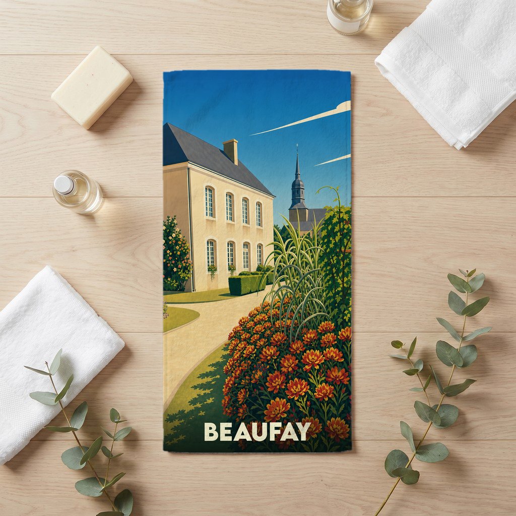 Serviette de bain souvenir de la ville de Beaufay avec une illustration de paysage stylisée.