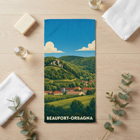 Serviette de bain souvenir de la ville de Beaufort-Orbagna avec une illustration stylisée d'un paysage de campagne.