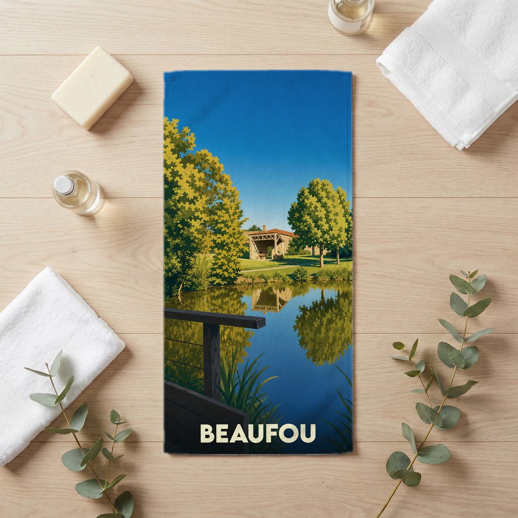 Serviette de bain souvenir de la ville de Beaufou avec une illustration stylisée d'un étang et de sa végétation.