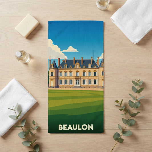 Serviette de bain souvenir de la ville de Beaulon avec une illustration stylisée de château.