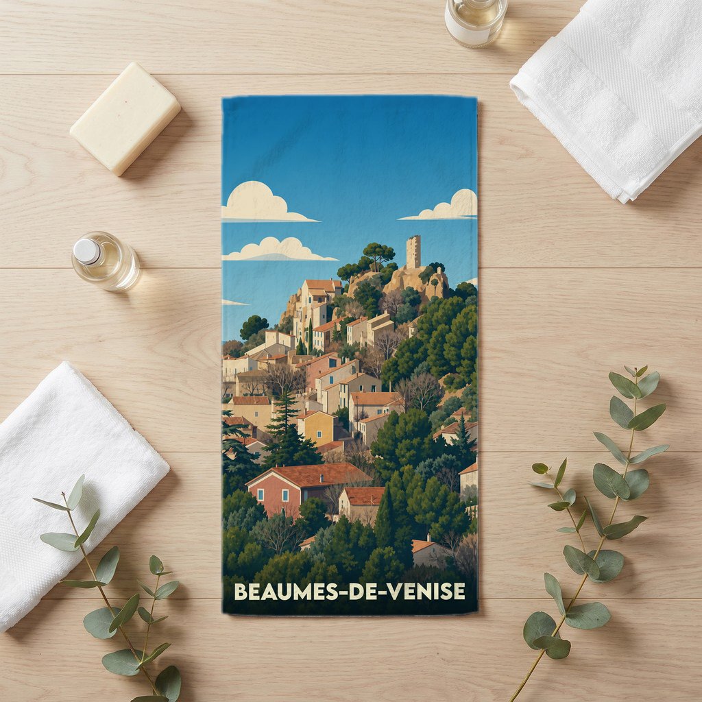 Serviette de bain souvenir de la ville de Beaumes-de-Venise avec une illustration stylisée d'un village provençal.