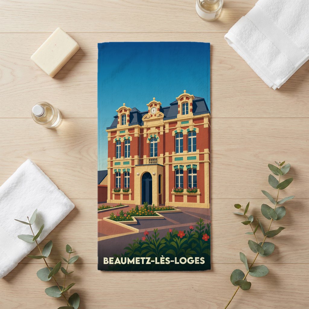 Serviette de bain souvenir de la ville de Beaumetz-lès-Loges avec une illustration stylisée de sa mairie.