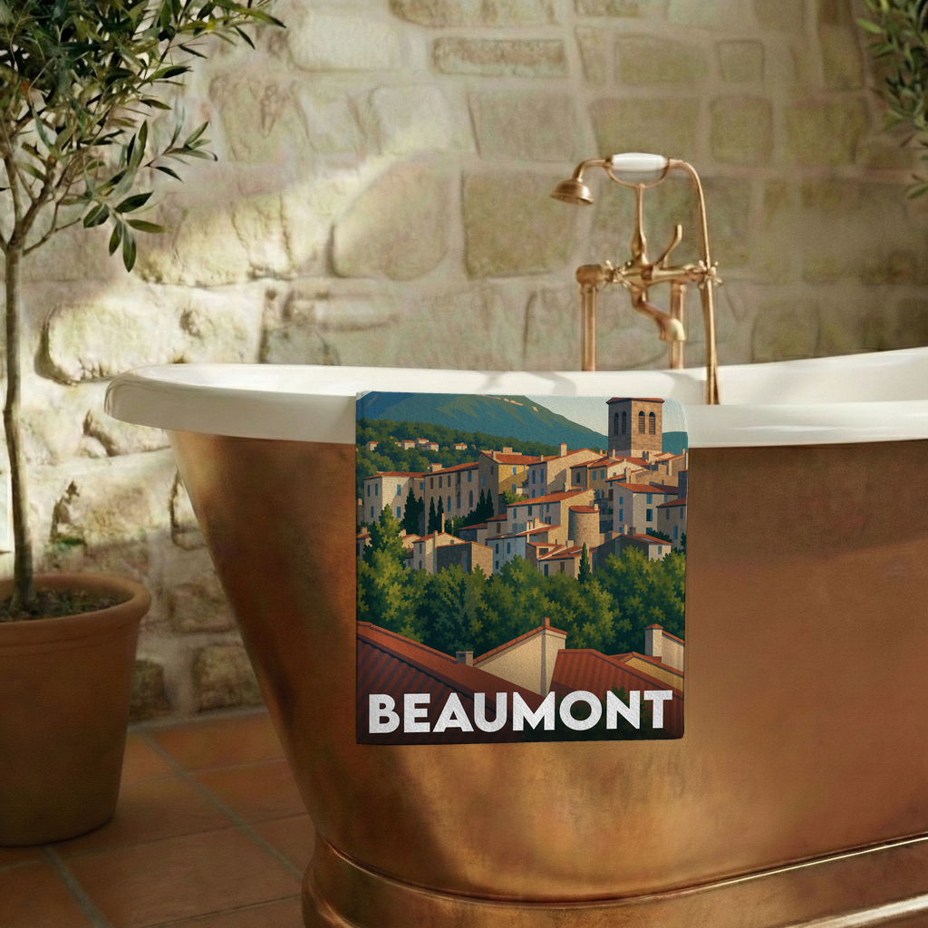 Serviette de bain souvenir de la ville de Beaumont avec une illustration stylisée.