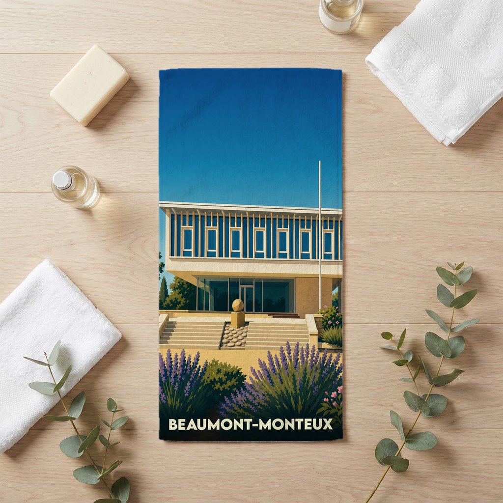 Serviette de bain souvenir de Beaumont-Monteux avec une illustration moderne de l'architecture locale.