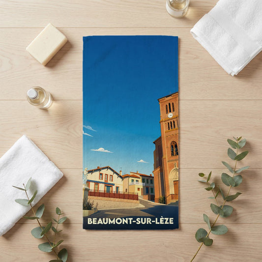 Serviette de bain souvenir de la ville de Beaumont-sur-Lèze avec une illustration stylisée.