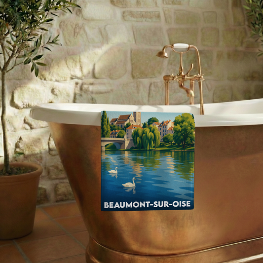 Serviette de bain souvenir de la ville de Beaumont-sur-Oise avec une illustration stylisée.