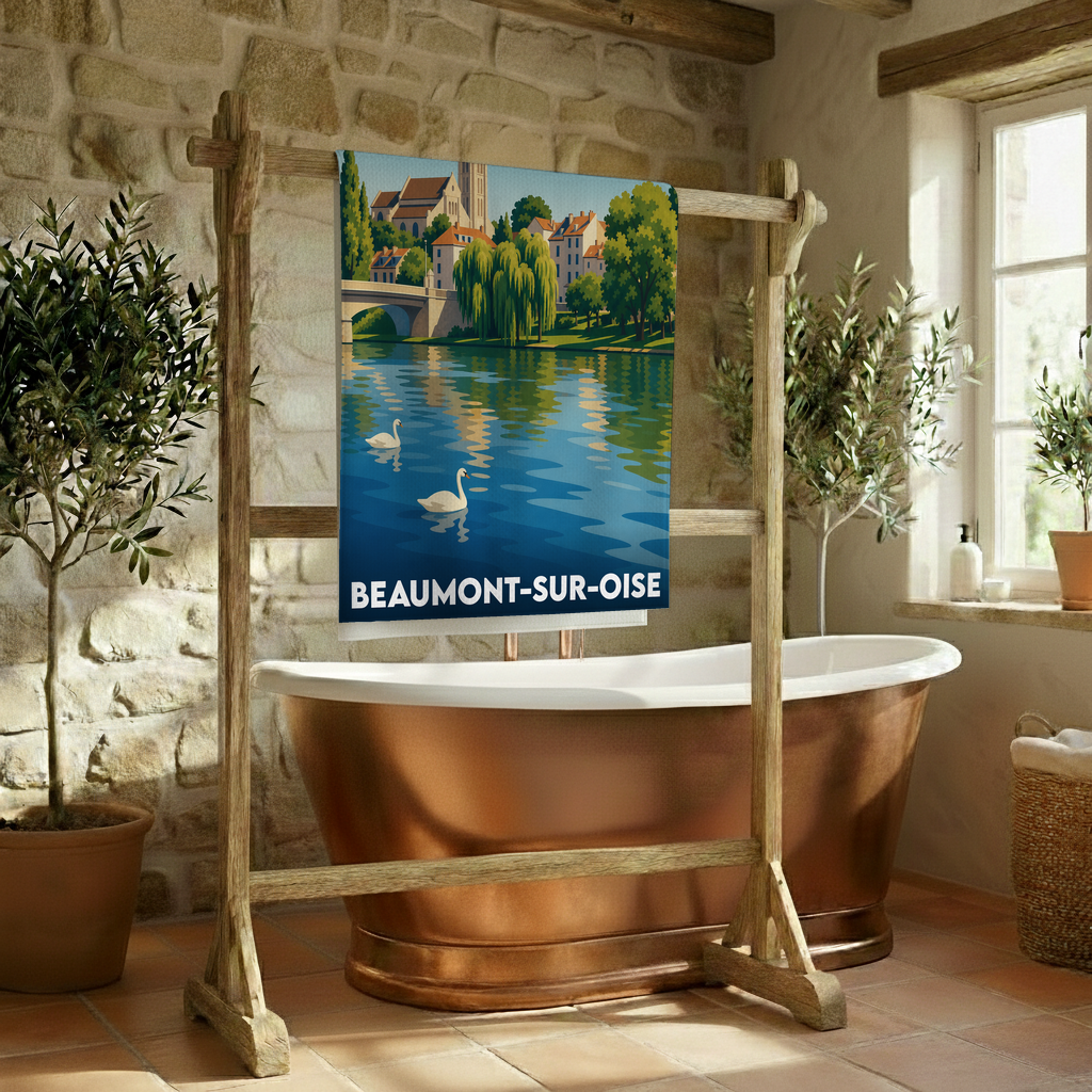Serviette de bain souvenir de la ville de Beaumont-sur-Oise avec une illustration stylisée.