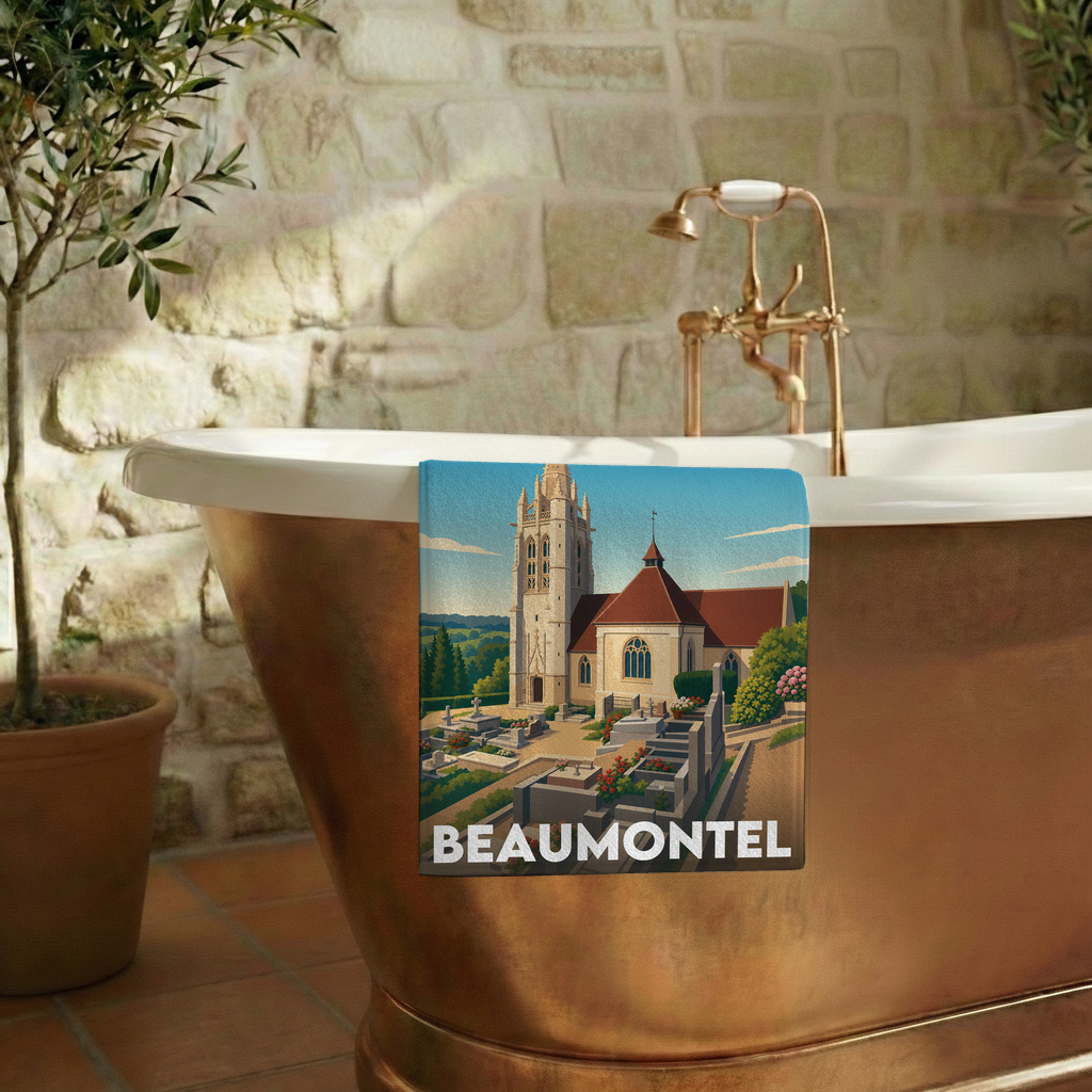 Serviette de bain souvenir de la ville de Beaumontel avec une illustration stylisée.