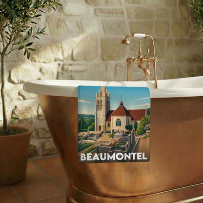 Serviette de bain souvenir de la ville de Beaumontel avec une illustration stylisée.