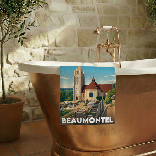 Serviette de bain souvenir de la ville de Beaumontel avec une illustration stylisée.