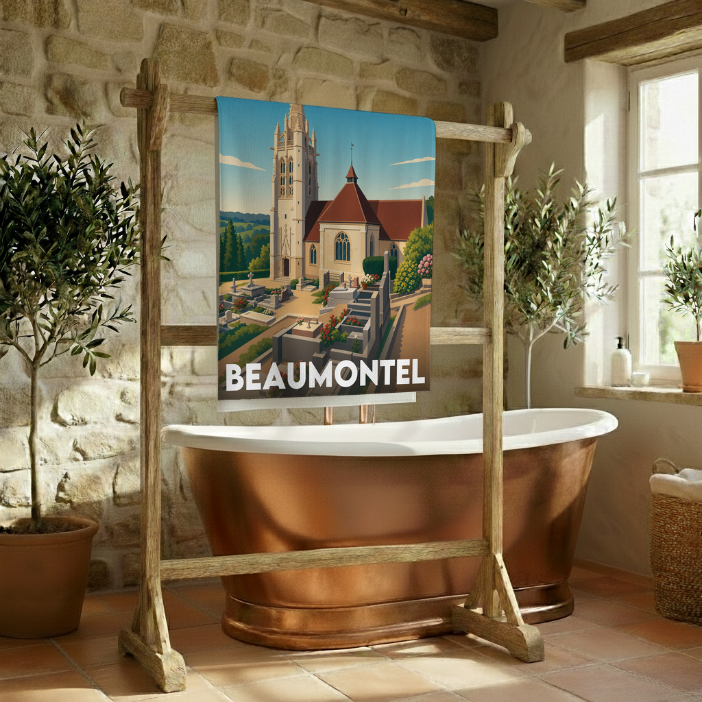 Serviette de bain souvenir de la ville de Beaumontel avec une illustration stylisée.