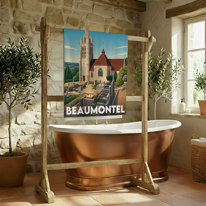 Serviette de bain souvenir de la ville de Beaumontel avec une illustration stylisée.