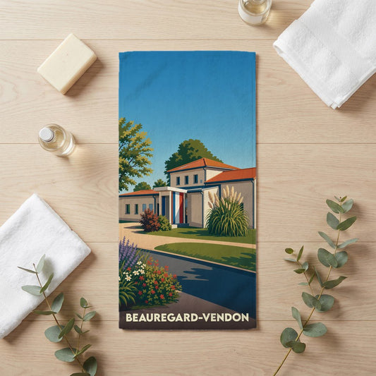 Serviette de bain souvenir de la ville de Beauregard-Vendon avec une illustration stylisée.