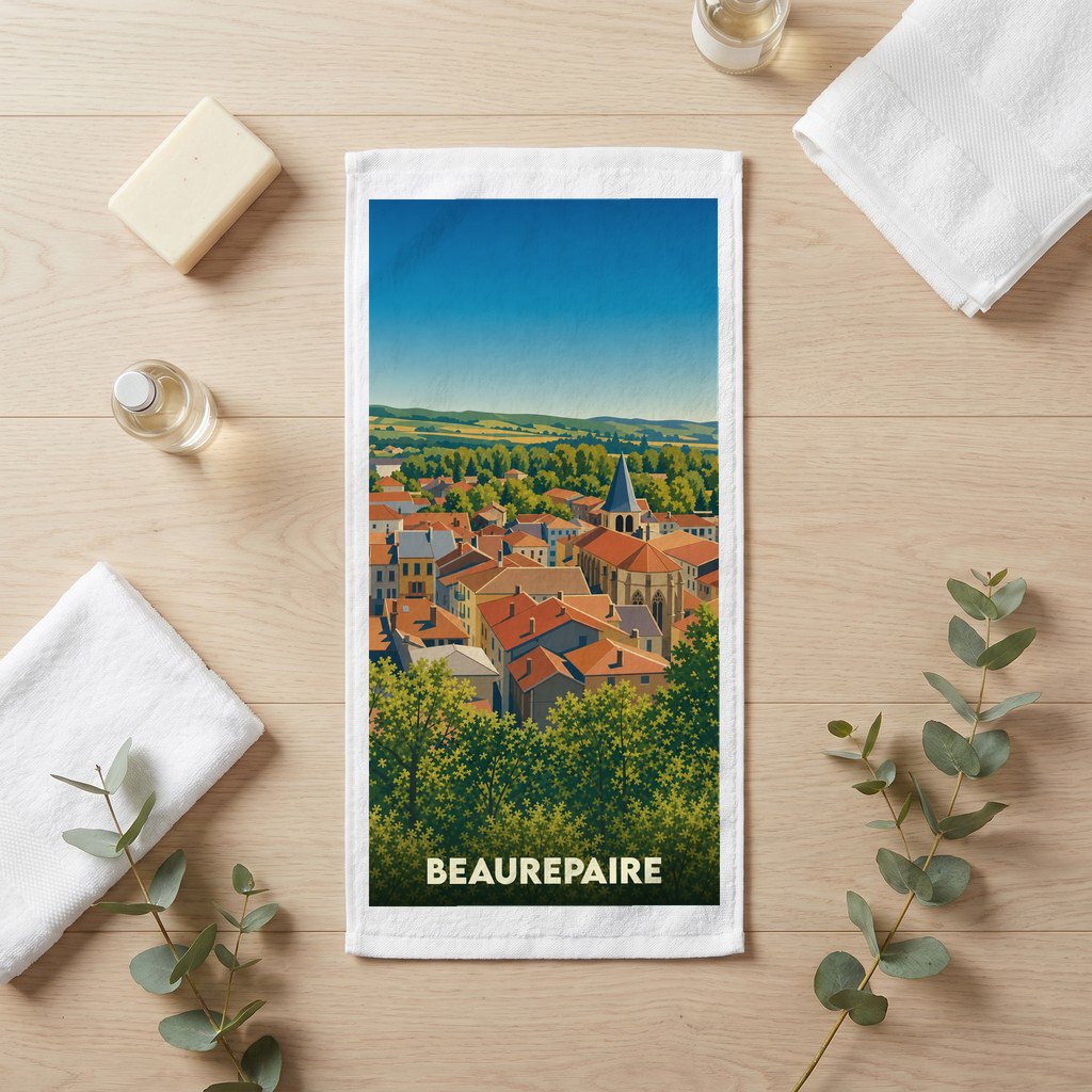 Serviette de bain souvenir de la ville de Beaurepaire avec une illustration stylisée.