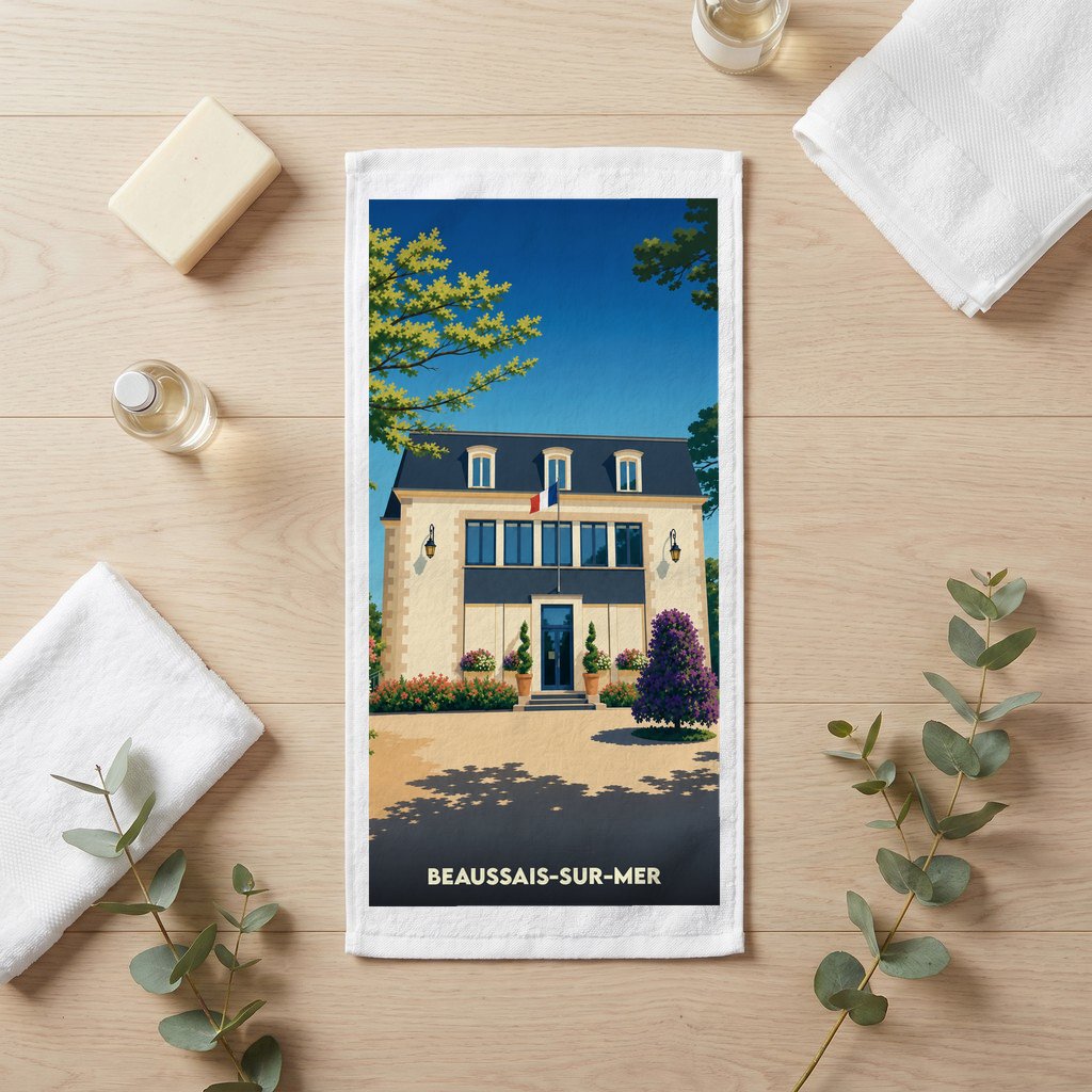 Serviette de bain souvenir de la ville de Beaussais-sur-Mer avec une illustration stylisée.