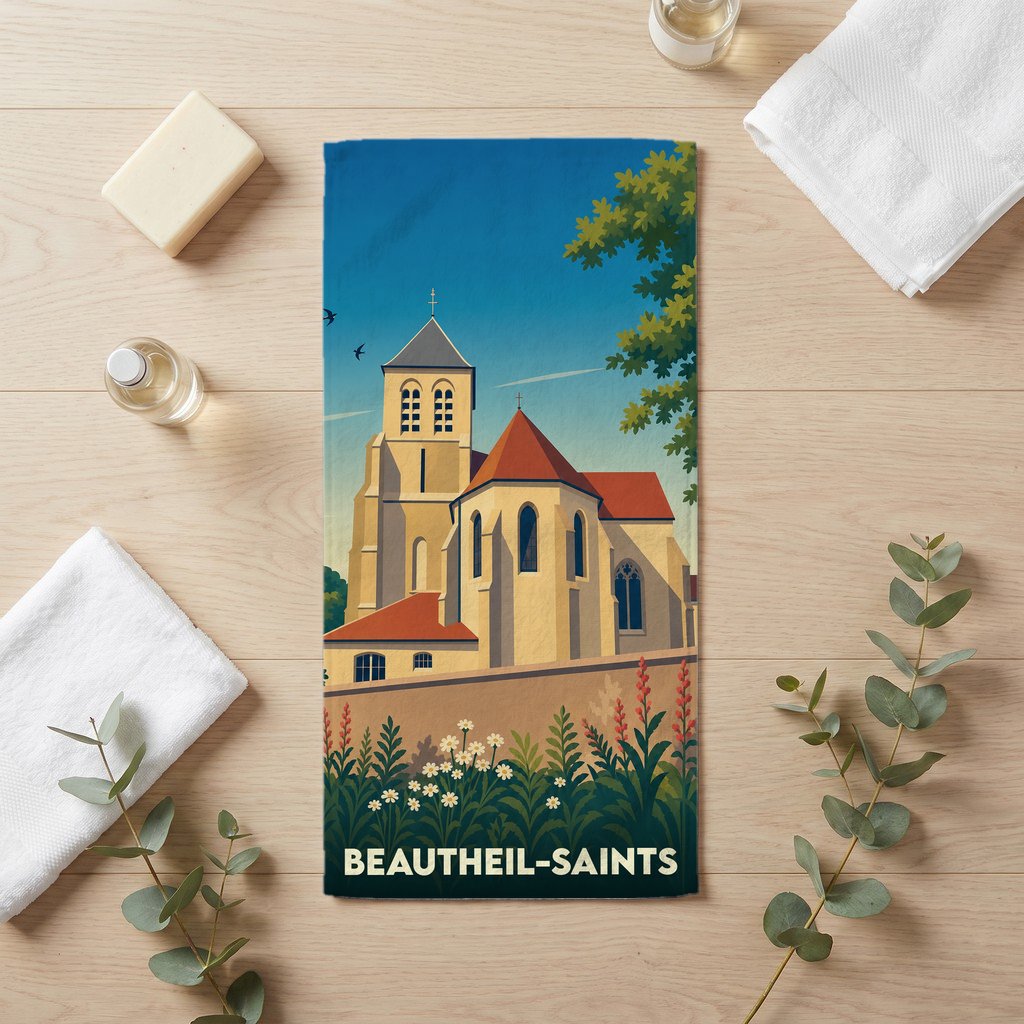 Serviette de bain souvenir de la ville de Beautheil-Saints avec une illustration stylisée de son église.