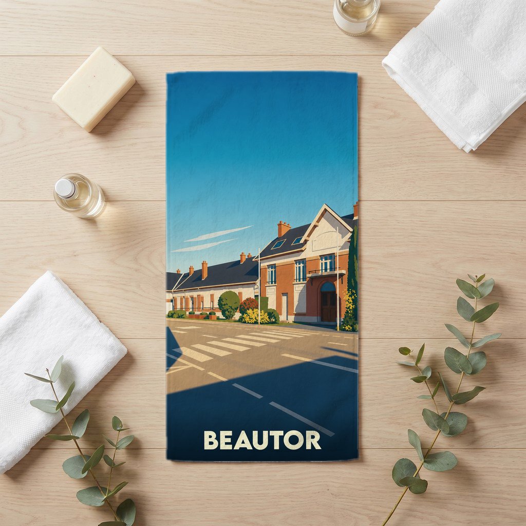 Serviette de bain souvenir de la ville de Beautor avec une illustration stylisée.