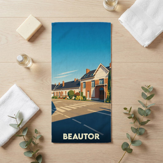 Serviette de bain souvenir de la ville de Beautor avec une illustration stylisée.