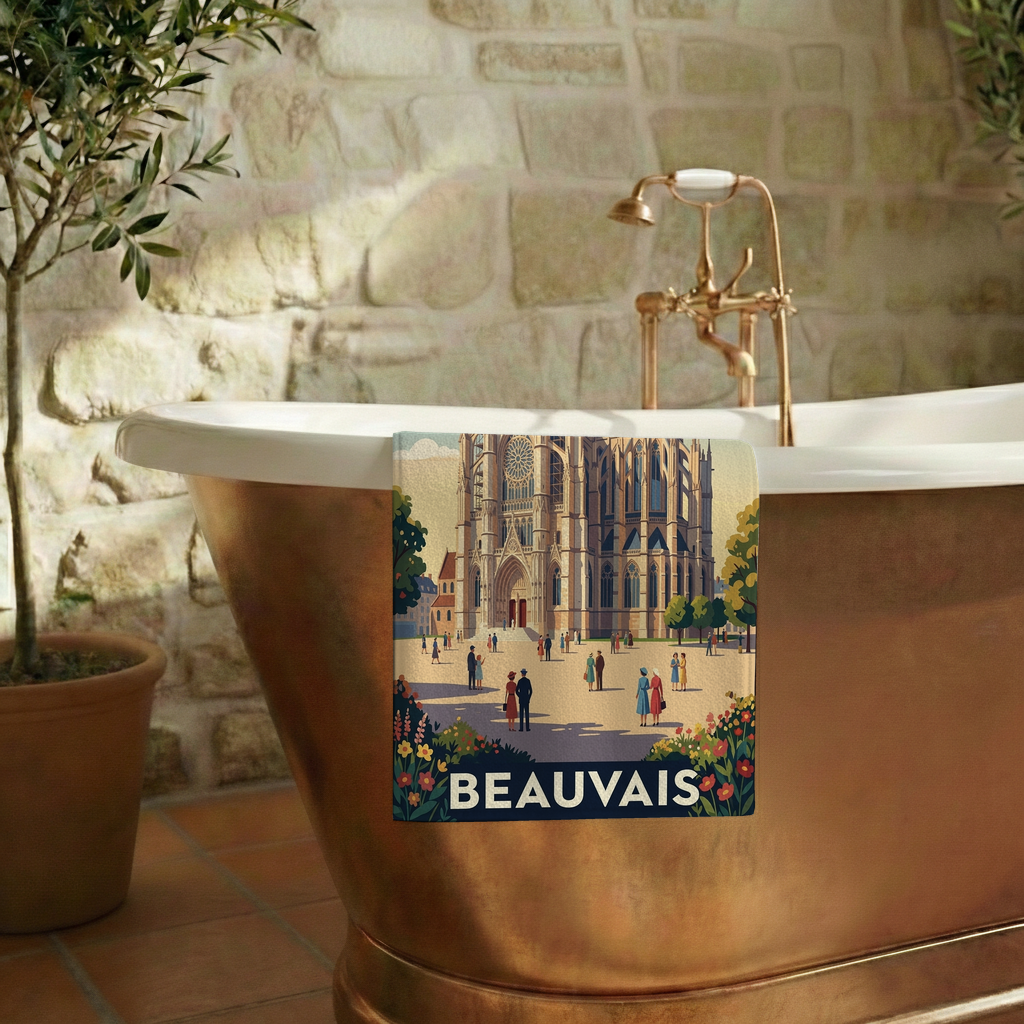 Serviette de bain souvenir de la ville de Beauvais avec une illustration stylisée.