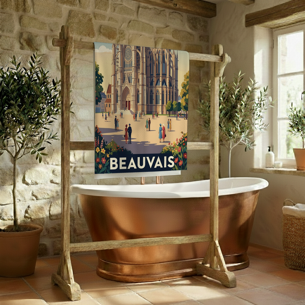 Serviette de bain souvenir de la ville de Beauvais avec une illustration graphique stylisée de sa cathédrale.
