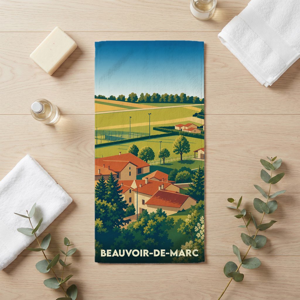 Serviette de bain souvenir de la ville de Beauvoir-de-Marc avec une illustration de paysage rural stylisée.